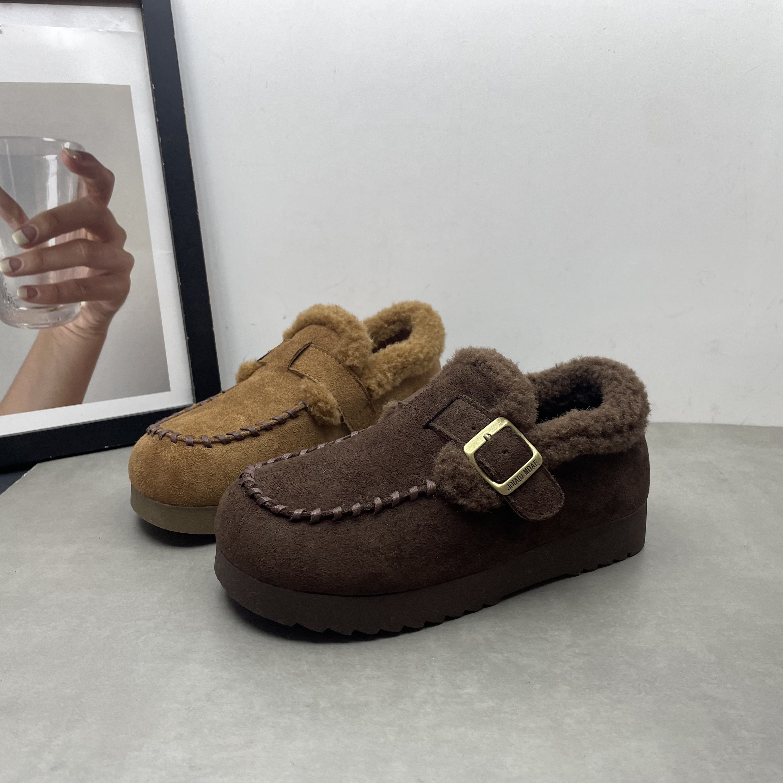 工厂断码女鞋2025冬季新款一脚蹬绒面平底防滑勃肯鞋加绒女士棉鞋,女鞋,棉鞋,淘宝优惠券,粉丝福利购,淘宝优惠卷