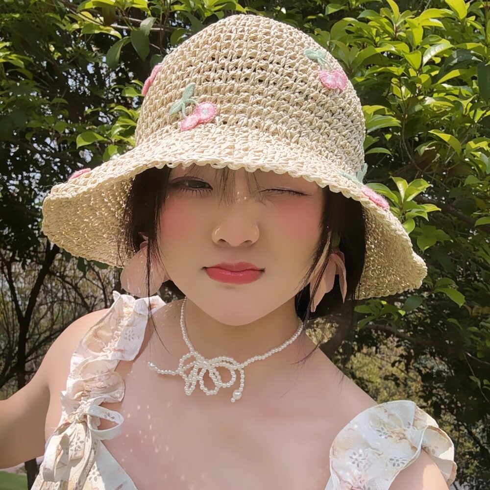 樱桃草帽女夏季可折叠草编渔夫帽