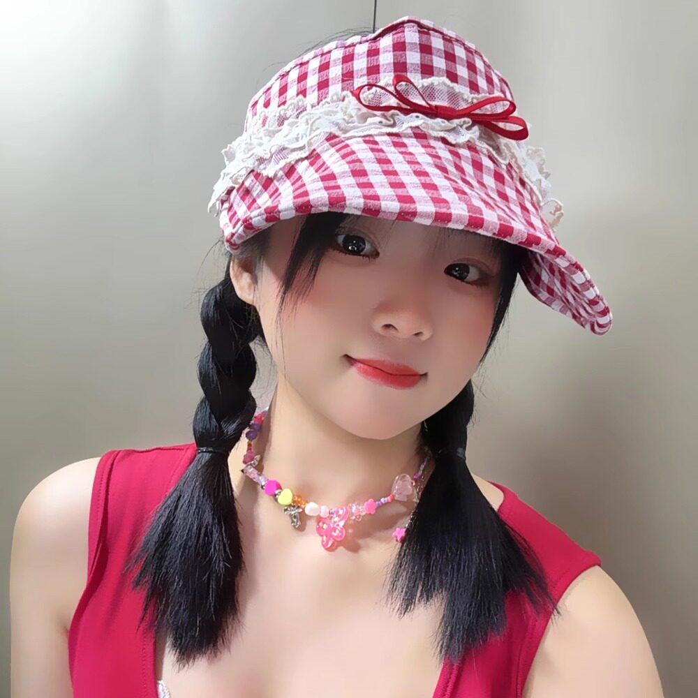 红色蝴蝶结蕾丝格子空顶防晒帽女