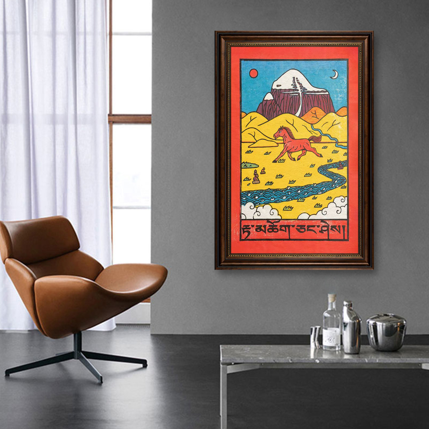 藏式风红马雪山唐卡装饰画 民族风日月山河藏文复古客厅玄关挂画