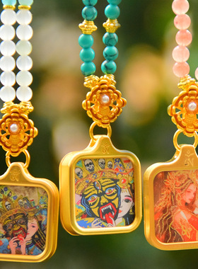 西藏半手绘描金唐卡钛钢吊坠扎基拉姆财神项链水晶珠链短款锁骨链
