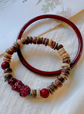 椰壳朱砂貔貅手串红色手镯两件套