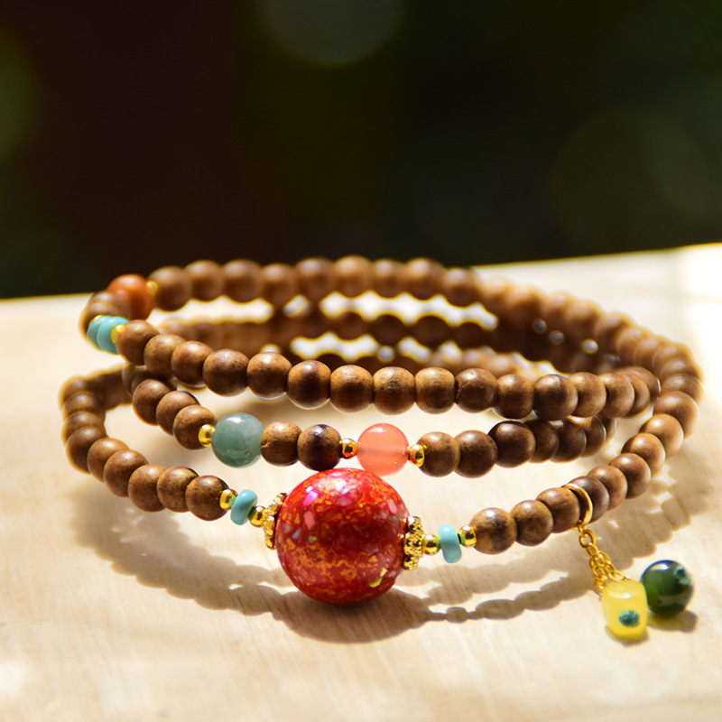 新中式黄油沉香木多圈手串文玩手串三圈设计玛瑙天珠大漆珠手串