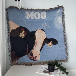 治愈系中古风小奶牛Moo床头小卧室少女心氛围感挂毯卧室布置毯