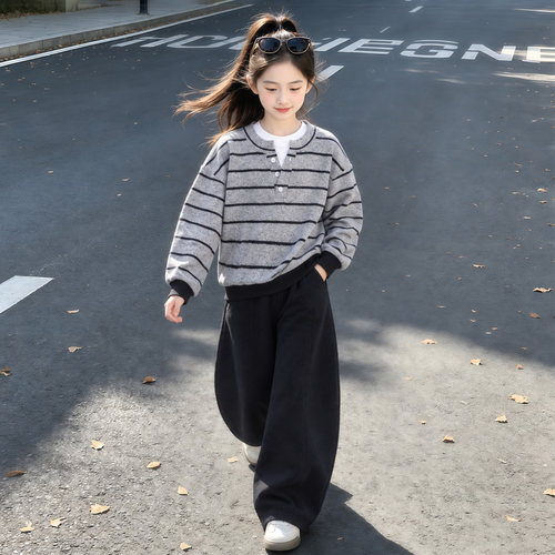 女童秋装假两件卫衣阔腿裤套装