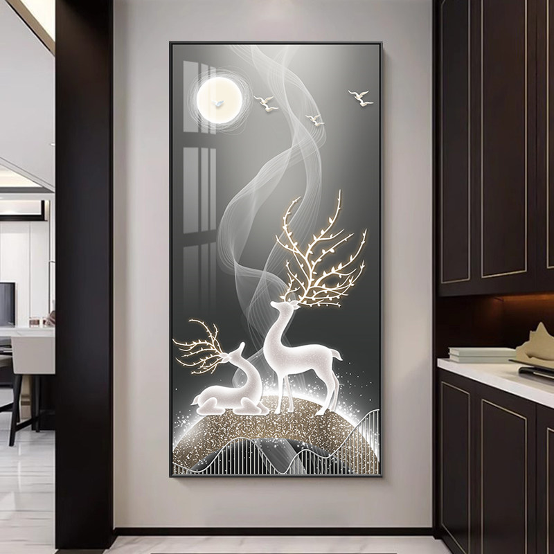 现代简约进门玄关装饰画竖版黑白麋鹿走廊挂画艺术壁画过道晶瓷画