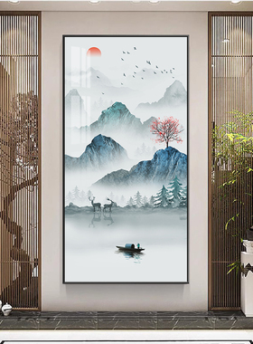 新中式入户玄关装饰画进门山水风景走廊挂画空间艺术壁画过道晶瓷