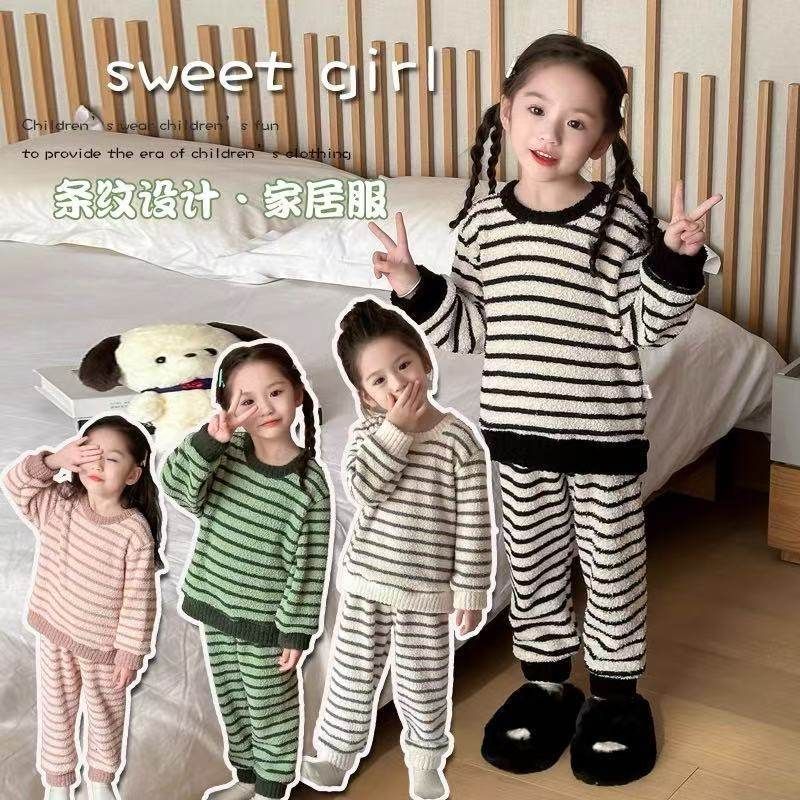 男女童家居服套装秋季新款儿童半边绒睡衣圆领上衣两件套秋冬保暖