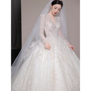 法式v领长袖轻婚纱礼服女2026新款新娘高级质感在逃公主高定主纱