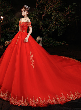 一字肩红色复古婚纱礼服裙2025新款高级质感高定出门主纱大拖尾女