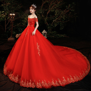 一字肩红色复古婚纱礼服裙2026新款高级质感高定出门主纱大拖尾女