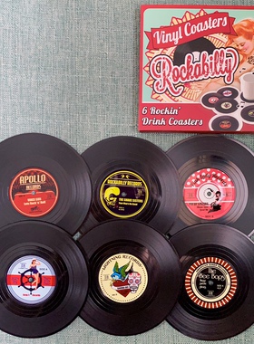 Rockabilly摇滚杯垫 迷你唱片杯垫 黑胶唱片防滑杯垫 6片装