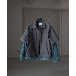 Secretbase韩国重工假两件牛仔外套 重磅拼接百搭锦棉尼龙外套男