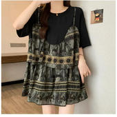 宽松显瘦半袖 雪纺T恤女夏季 设计感假两件拼接短袖 上衣 300斤大码