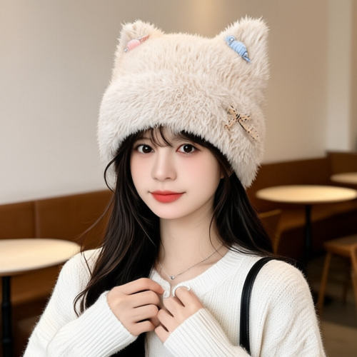 印logo冬季保暖护耳帽子女甜美可爱猫耳针织帽韩版百搭显脸小套头