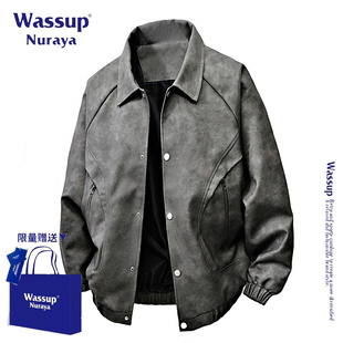WASSUP 宽松休闲皮外套 Nuraya潮牌复古翻领皮衣夹克男春秋季 大码