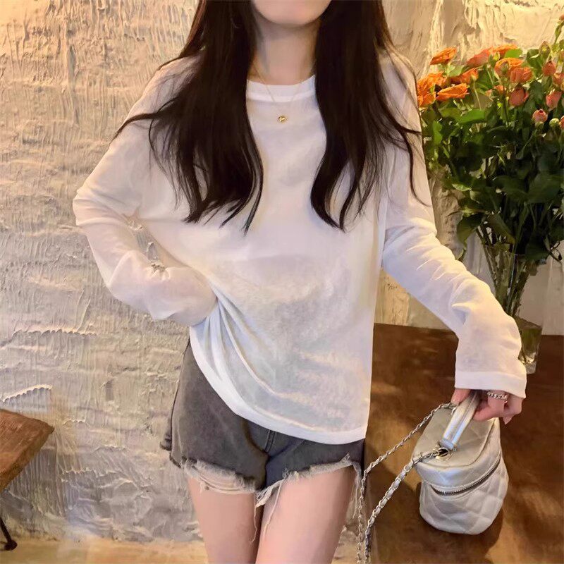 糖果色防晒长袖T恤女夏季新款薄款宽松微透空调罩衫上衣
