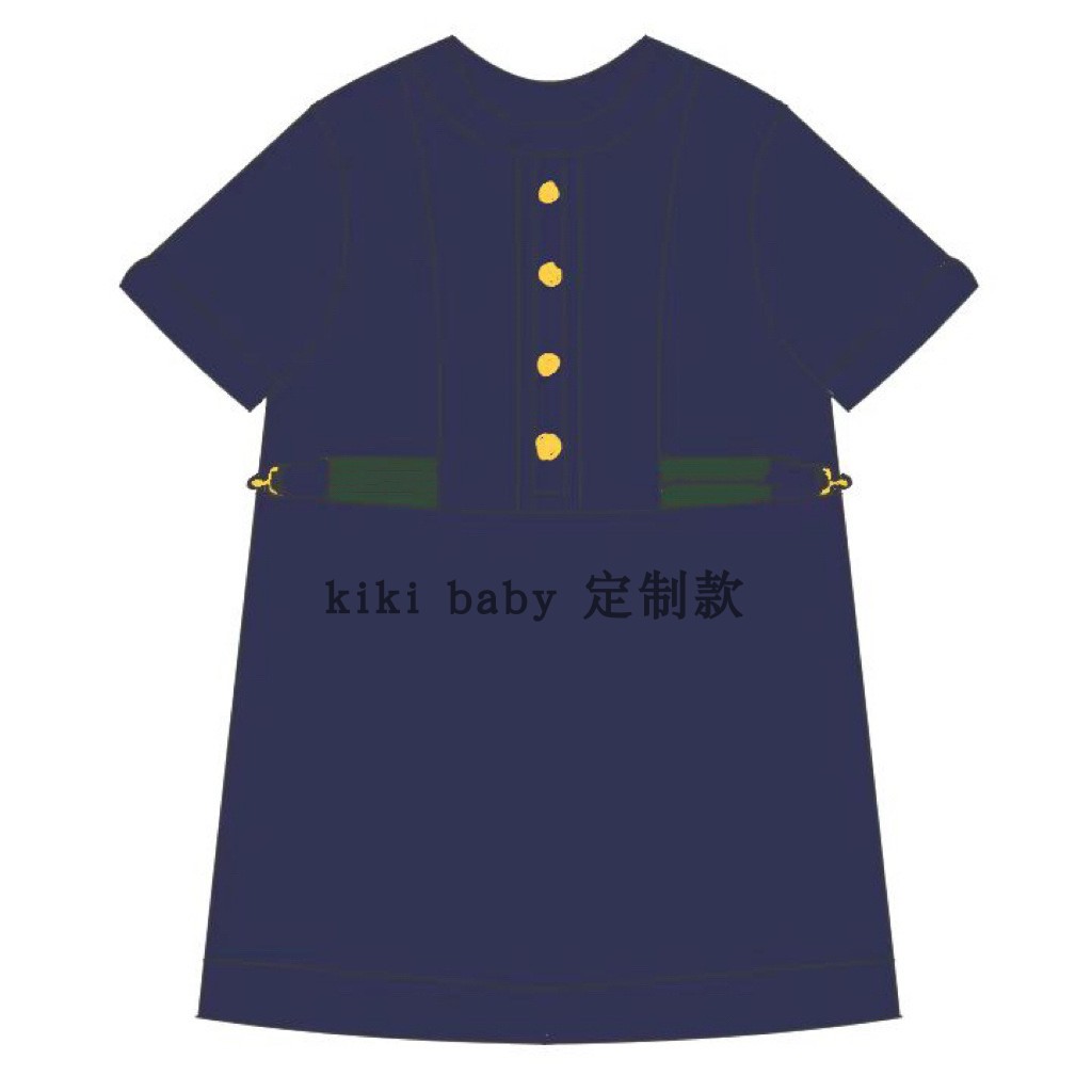 kiki女童24夏季亲子款新款深蓝色水洗压纹织带水洗牛仔连衣裙