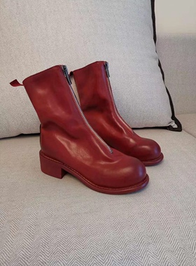 瘦腿真皮短靴女前拉链p l 1中筒粗跟p l 2单靴复古做旧马丁靴