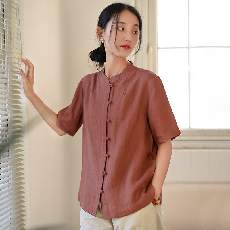 棉麻女装2023夏季新款苎麻衬衫女新中式复古女式衬衣禅意女上衣
