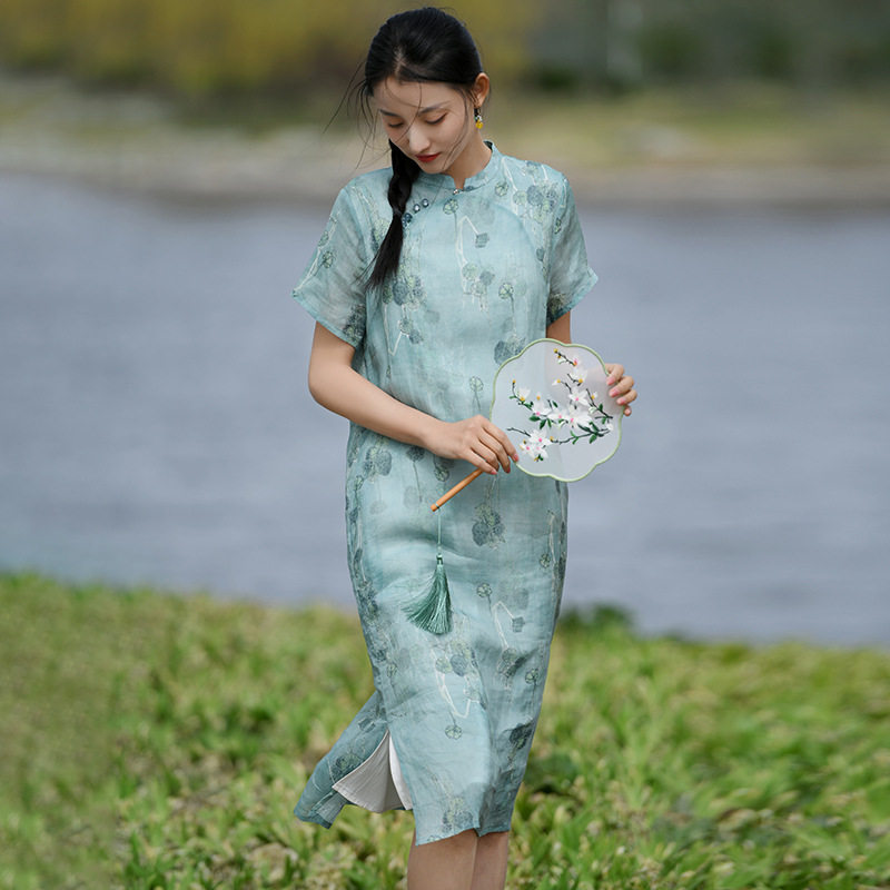 棉麻女装2023夏季新款连衣裙女复古苎麻改良旗袍新中式茶艺服