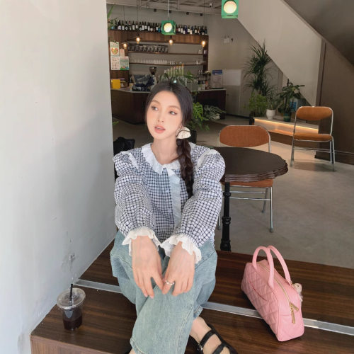 实拍法式复古蕾丝花边小立领格子衬衫女春秋新款设计感上衣60259