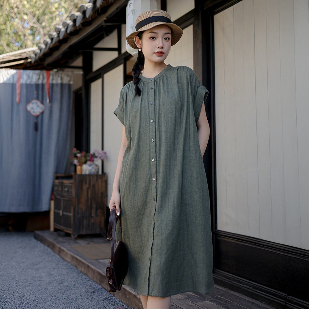 棉麻女装2025夏季新款短袖亚麻连衣裙女高级感开衫裙子一件代发
