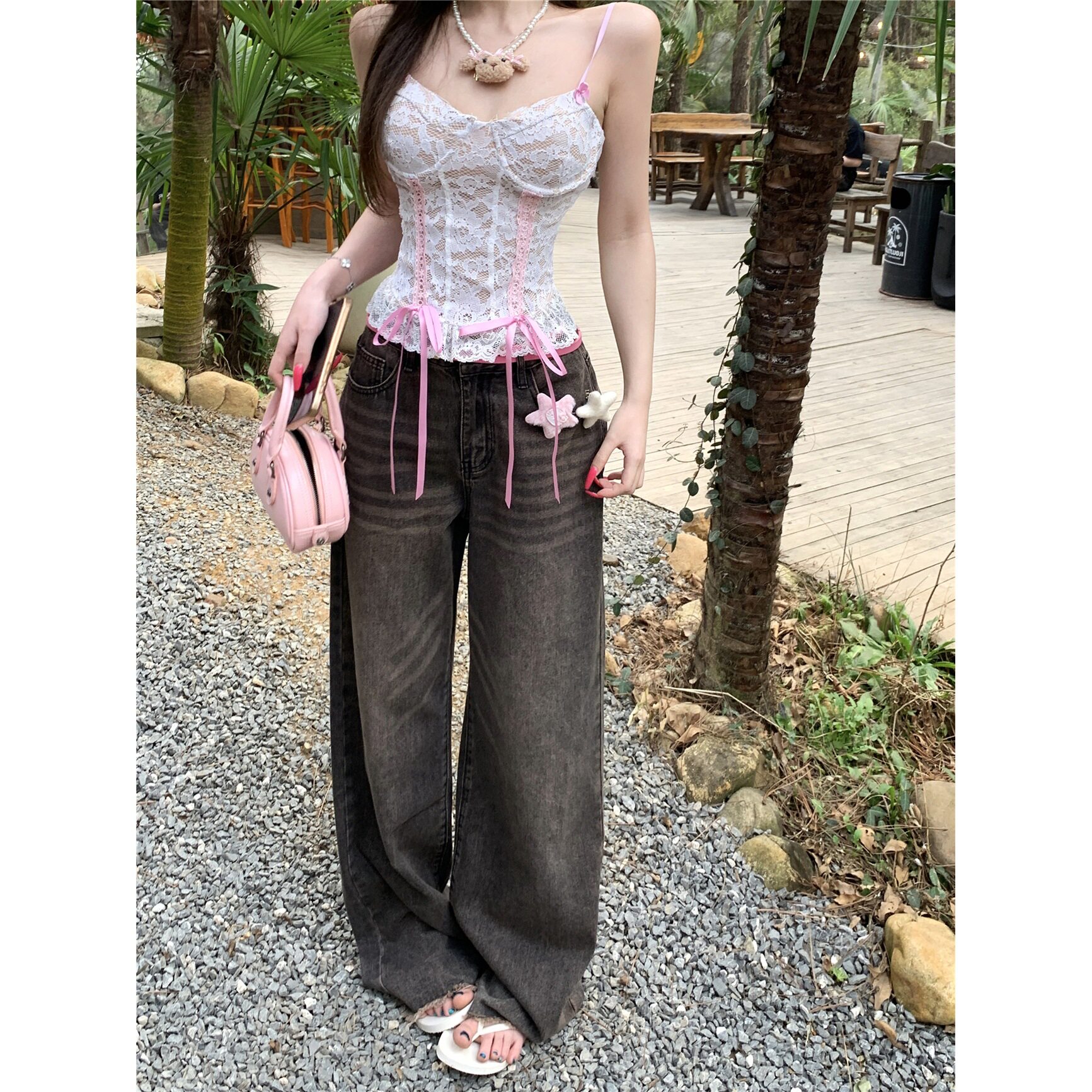 实拍 芭蕾风绑带蕾丝花边吊带上衣女高腰百搭水洗牛仔裤14845