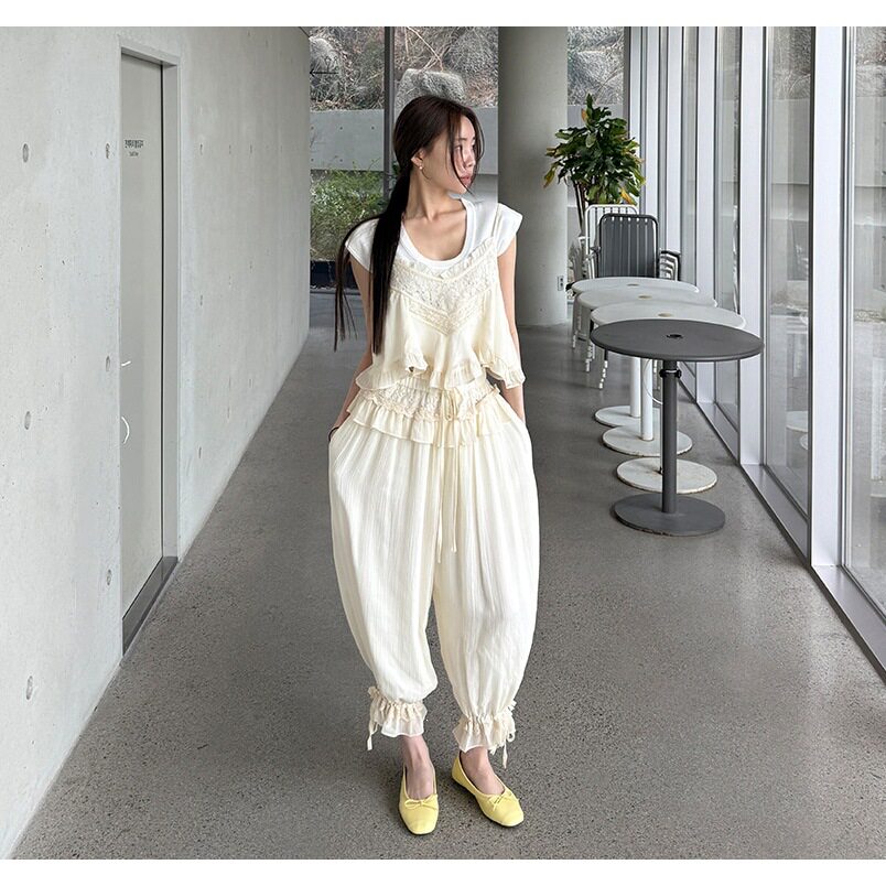 已出 夏季韩版辣妹重工蕾丝吊带小衫+阔腿花苞裤时尚套装女13409