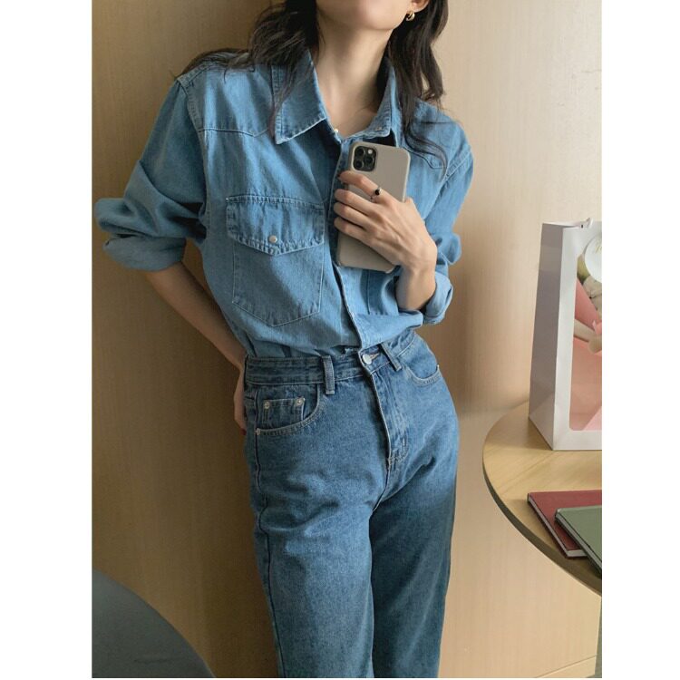实拍2025秋季新款宽松百搭双口袋牛仔长袖衬衫女纯色衬衣潮37554