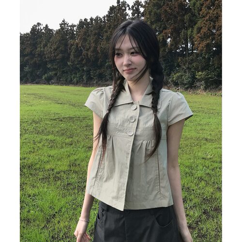 韩系百搭复古短袖衬衣女装夏季新款甜美减龄娃娃衫短款上衣11573