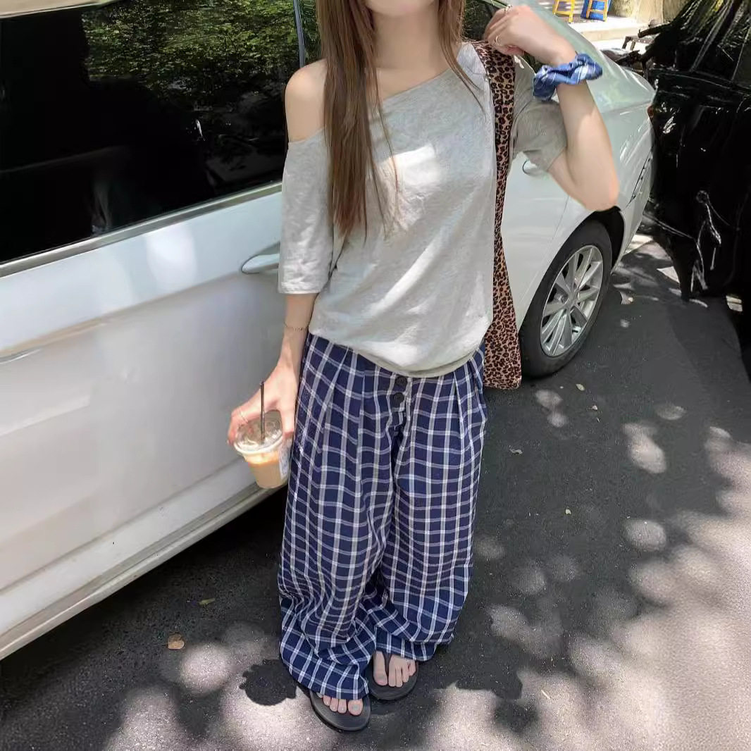 实拍复古港味格子直筒休闲裤小众高腰垂感拖地裤一字肩纯色T恤女