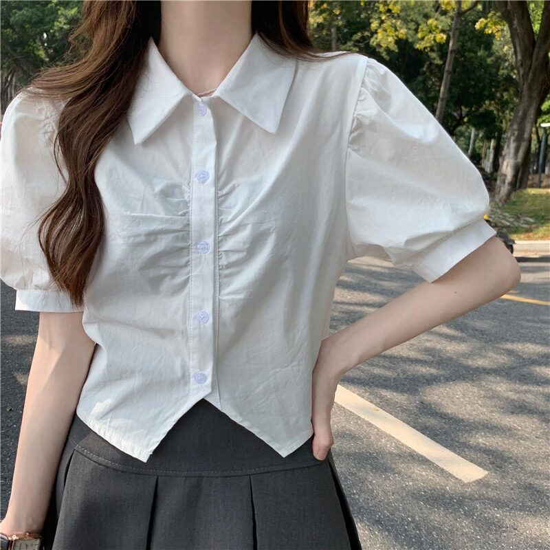 2025学院风雪纺衬衫女POLO领短袖拼接修身泡泡袖日韩通勤休闲夏季