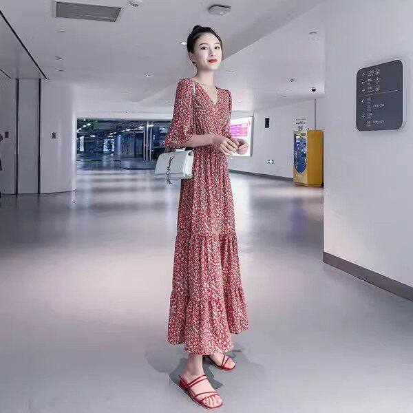 雪纺连衣裙女夏2025新款法式半袖裙子收腰显瘦姐妹长款碎花长裙潮