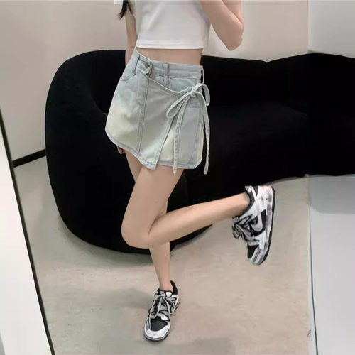 实拍 复古水洗做旧牛仔裙裤女夏季新款高腰假两件半身裙短裙66363