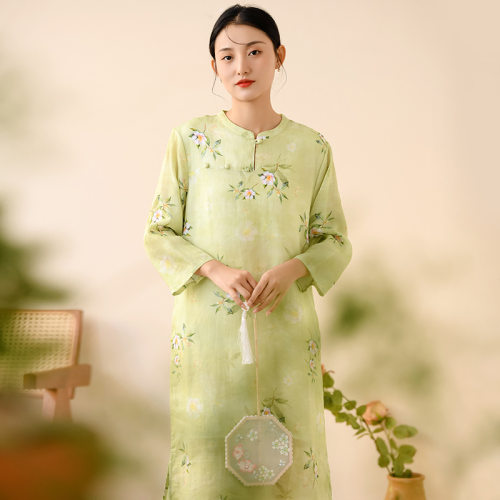 严选新中式女装春季新款苎麻印花连衣裙女中国风复古茶艺长裙