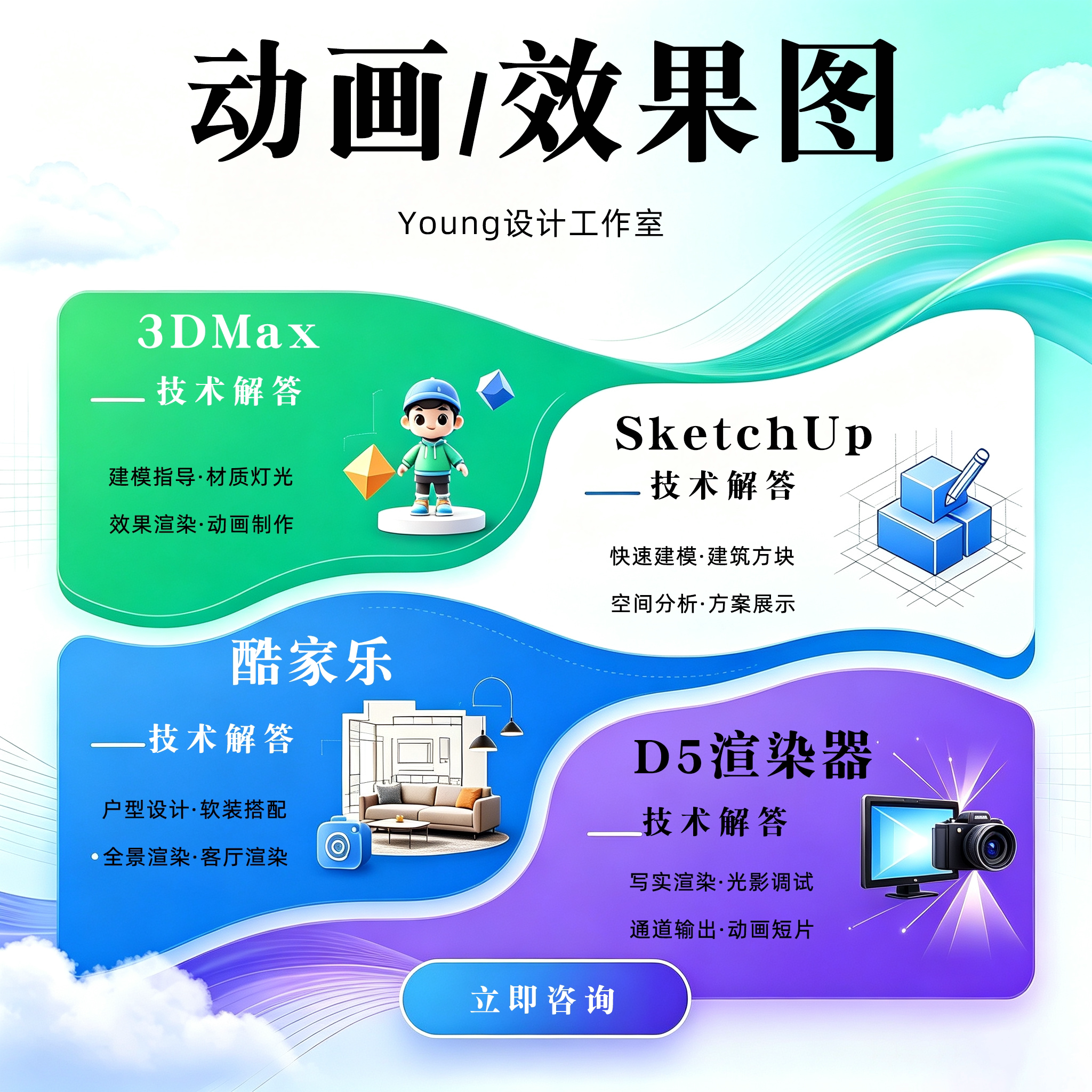 3DMax｜SU｜酷家乐｜D5 渲染器，效果图动画，建模渲染技术咨询