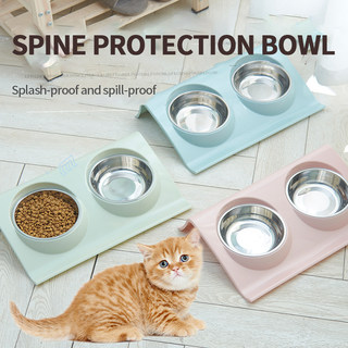 Cat Bowl Double Bowl Pet Stainless Steel Oblique Mouth Rice