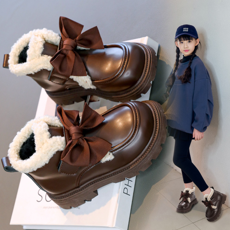 女童时尚皮鞋2025冬季新款儿童二棉豆豆鞋小女孩公主加绒高帮棉靴