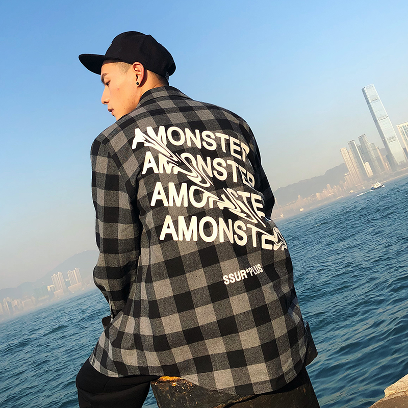 清仓合集 AMONSTER 联名款扭曲字母情侣连帽衬衣格子衬衫男休闲