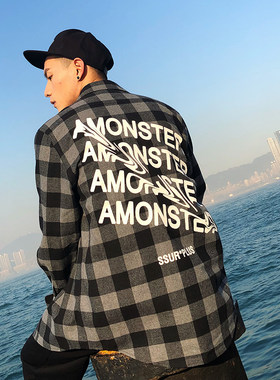 合集 AMONSTER 联名款扭曲字母情侣连帽衬衣格子衬衫男休闲