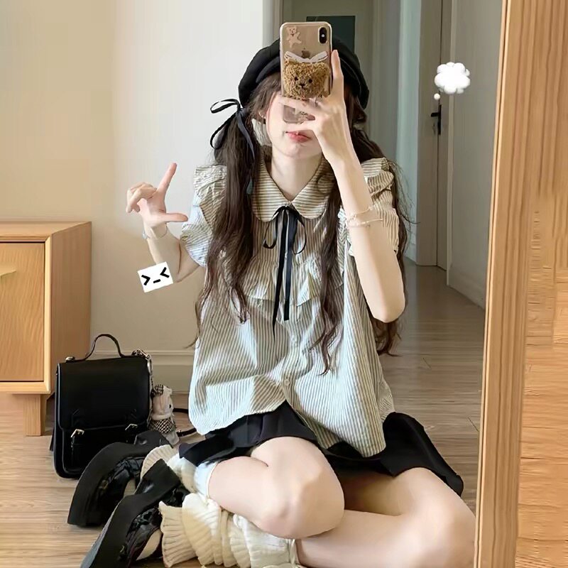 女童夏季学院风条纹短袖衬衫纯棉图片