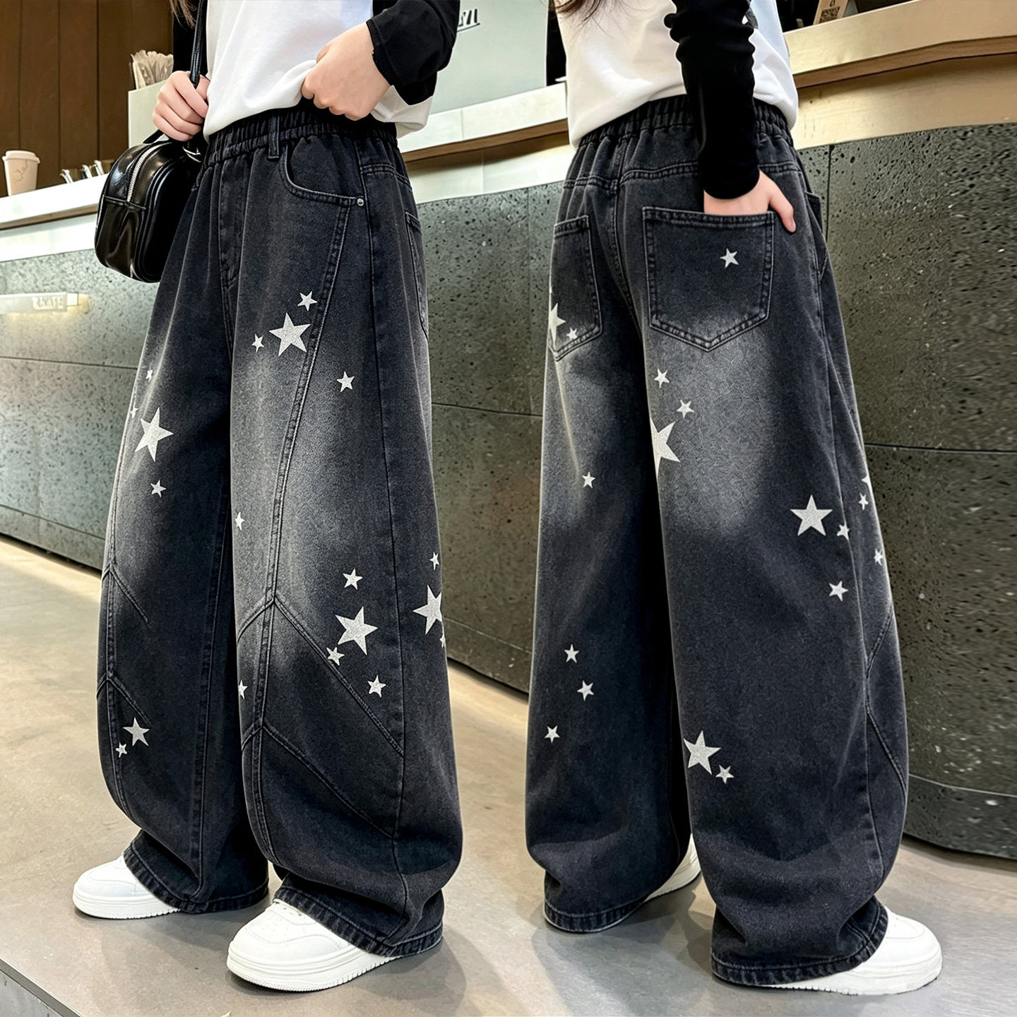 女童宽松星星印花牛仔裤春秋2026新款大童韩版帅气时髦长裤黑色潮