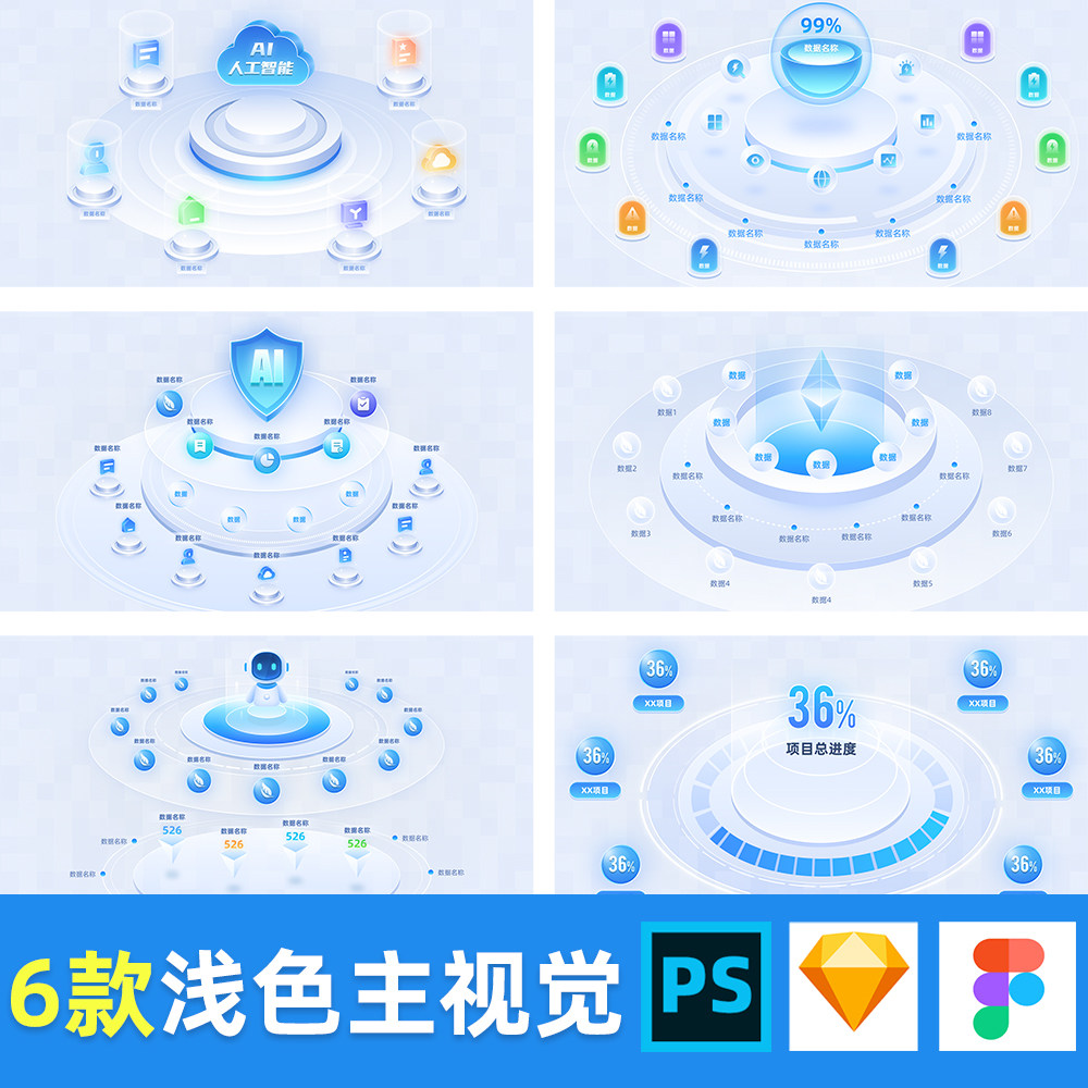 可视化数据大屏浅色figma模板主视觉psd组件sketch拓扑图ui设计AI图片