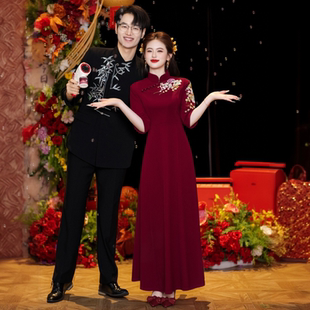 长裙 订婚礼服裙秋季 高端红色新娘结婚旗袍敬酒服鱼尾长款 回门便装