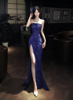 2026新款蓝色抹胸鱼尾礼服长裙女高级感开叉主持人名媛晚宴连衣裙