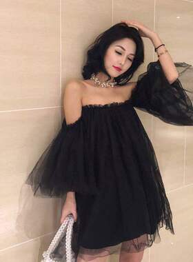 一字肩网纱泡泡袖短款晚礼服裙女收腰显瘦轻奢小众气质宽松蓬蓬裙
