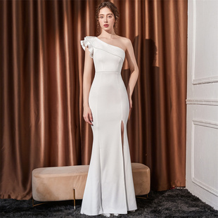 高级感宴会ktv车模模特主持人晚礼服单肩斜肩修身鱼尾开叉连衣裙