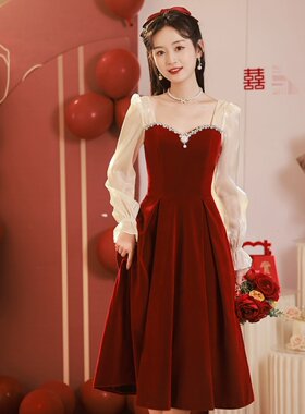 优雅回门结婚订婚酒红色连衣裙