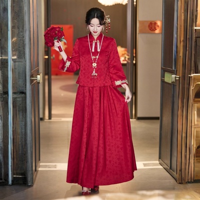 高级感旗袍敬酒服新娘红色长袖